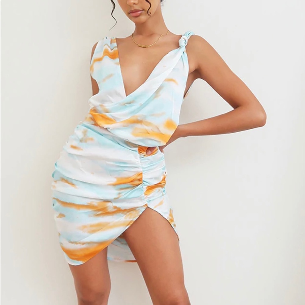 Multi Tie Dye Satin Plunge Wrap Bodycon Dress